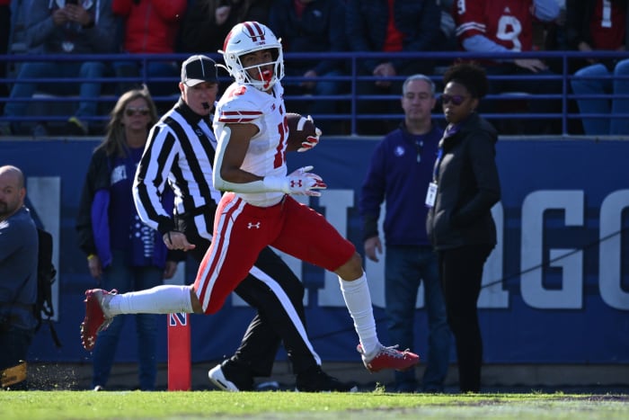 Wisconsin wide receiver Chimere Dike running into the end zone against Northwestern.